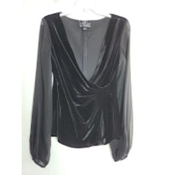 Alex Evenings Women Black Velvet w/Sheer Sleeves Faux Wrap Blouse size Small - Picture 1 of 8